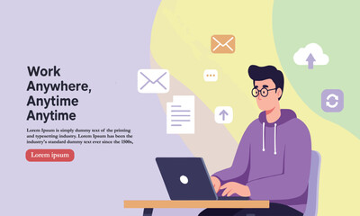 Flat Illustration Of A Young Man Using Laptop Surrounded By Tech Icons, Representing Modern Freelancing Or Tech Careers