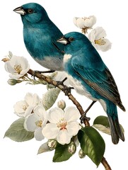 Obraz premium Two vibrant blue birds perch on a branch adorned with delicate white blossoms, a beautiful nature scene.