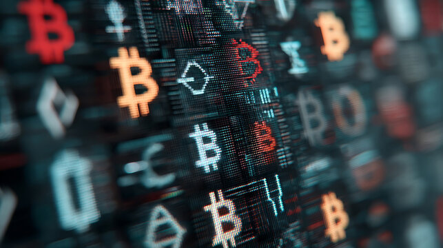 Digital representation of cryptocurrency symbols on a dark background. Various logos are displayed, emphasizing the concept of blockchain technology and finance.