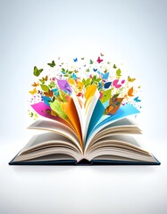 An open book releasing colorful butterflies and flowers, symbolizing creativity.