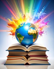An artistic representation of knowledge, showcasing a globe atop open books.