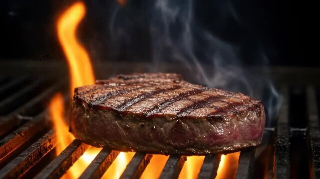 Grilled steak on flaming grill, smoky background, restaurant menu