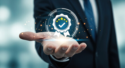 Quality Assurance Guarantee: Businessman Holding Symbol of Excellence, Certification, and Top Performance for Business Success and Trust
