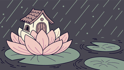 Cute lotus house in the rain illustration vector art design