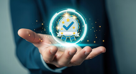 Quality Assurance Concept: Hand Holding Digital Checkmark Icon. Symbolizing Guarantee, Standards, Certification, and Excellent Service Assurance.