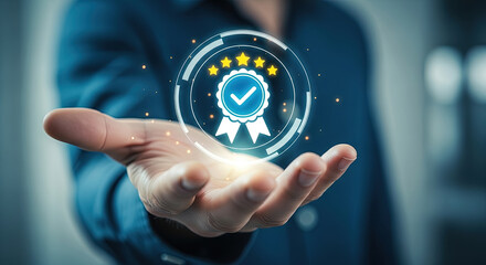 Hand Holding Quality Guarantee Badge with Five Stars. Symbolizes Top Rated Service, Best Choice, Premium Product. Ideal for Marketing, and Business.