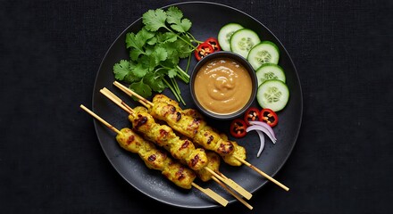 Close-up of succulent grilled chicken satay skewers, perfectly charred and caramelized, on a wooden serving board. The grilled meat is juicy and flavorful, perfect for a summer barbecue or party