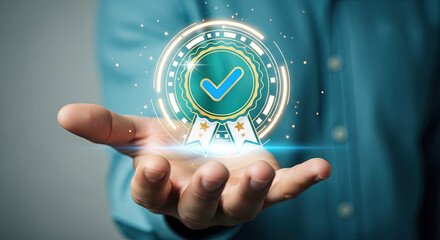 Hand Holding Digital Checkmark: Symbol of Quality, Approval, and Trust. Perfect for Business, Technology, and Customer Satisfaction Concepts.