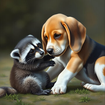 Oil painting of two unlikely best buddies, a beagle and a raccoon. JPEG, 4.2MB, 12x12in, 3600x3600px, 300p/i