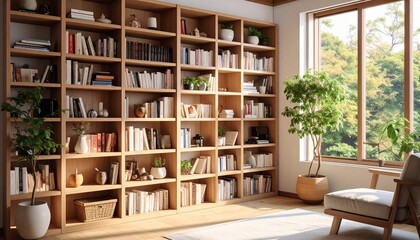 生活感のあるリアルで雑多な本棚背景