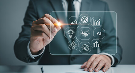 Businessman using futuristic interface for business strategy, AI, data analysis, and growth. Modern technology for success and innovation concept.