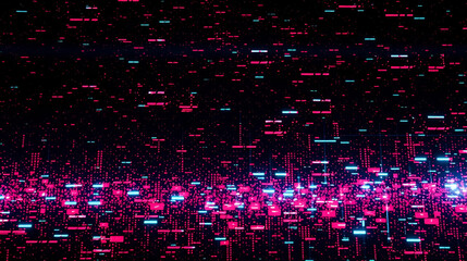 Futuristic abstract background with dense pixelated interference, erratic flickering glitch effects, heavily distorted vintage screen grain, dark ominous color tones, digital dystopian aesthetic