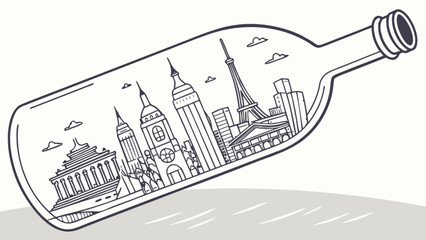 Obraz premium City skyline in a bottle travel souvenir drawing illustration