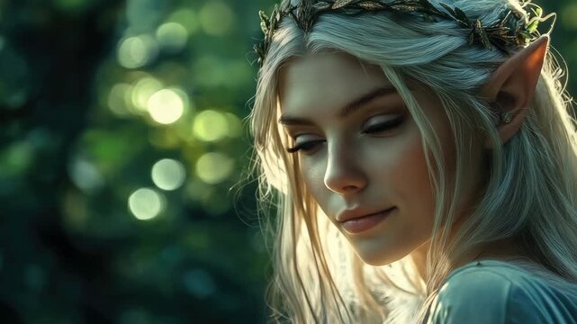 A serene elfin with light blonde hair gazes off into the distance, wearing a delicate flower crown in a mystical forest clearing.