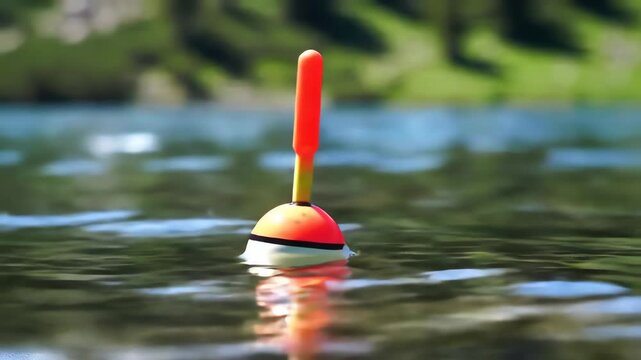 Orange and white fishing float gently bobbing on calm water with a blurred natural background