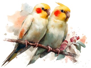 Obraz premium Watercolor painting depicts two cute cockatiels perched on a branch, showcasing delicate details and soft colors.