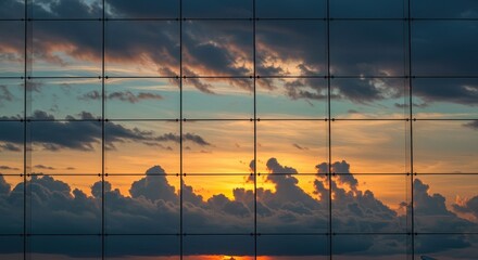 Sunset sky through gridded window
