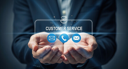 Professional Customer Service Concept: Hands Holding Digital Interface with 24/7 Support, Email and Phone Icons for Business Solutions
