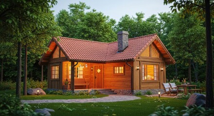 Obraz premium Enchanting Wooden Cabin Nestled Deep Within a Serene Forest Landscape