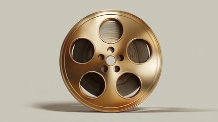 Golden film reel stands casting shadow