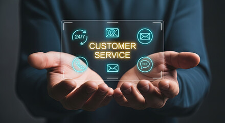 Modern Customer Service Concept: Hands Presenting Digital Interface with 24/7 Support, Email, Chat, and Phone Icons for Business Solutions