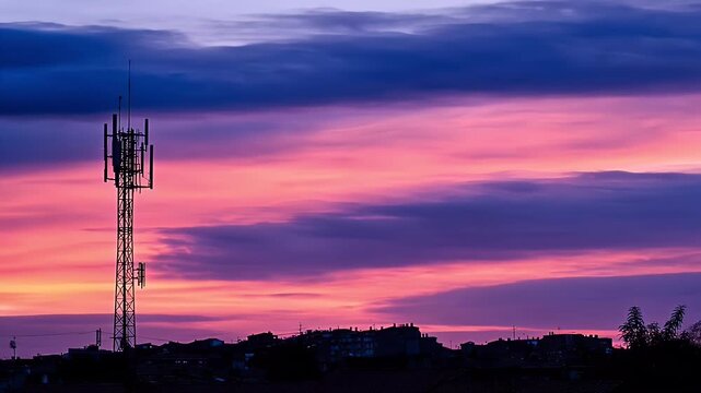 Telecommunications Tower Silhouette Against Dramatic Purple and Pink Sunset Sky Over Urban Landscape