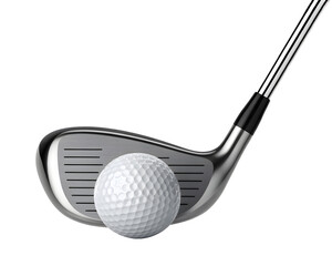 Close-up presents a golf club poised to strike a white golf ball against a solid transparent background.