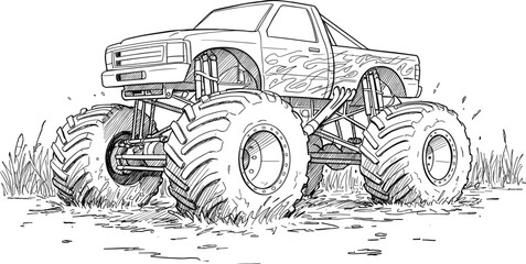 Detailed black and white illustration of a monster truck on grass field © Vhya