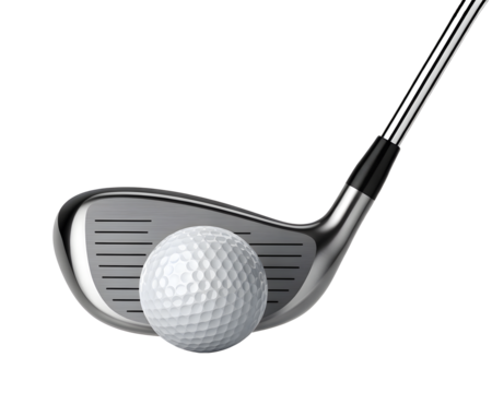 Close-up presents a golf club poised to strike a white golf ball against a solid transparent background.