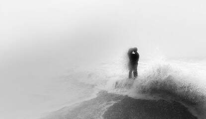 Two figures standing amidst a misty, rough sea