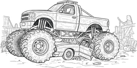Detailed illustration of a monster truck crushing a car in a scrapyard scene © Vhya