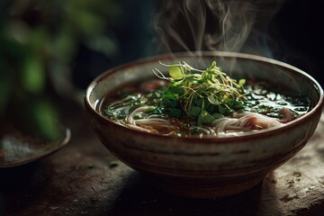 Steaming bowl of flavorful noodle soup, garnished with fresh herbs, sitting on a rustic wooden surface.  The broth is rich and dark, the noodles are delicate, 