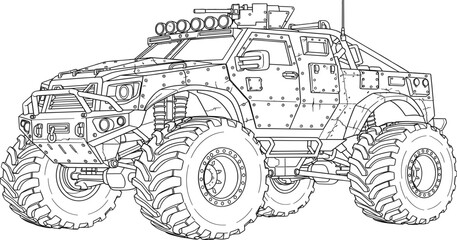 Detailed line art illustration of a heavily armored monster truck with large tires © Vhya