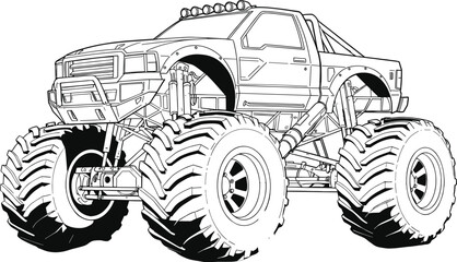 Detailed line art illustration of a monster truck ready for extreme adventures © Vhya