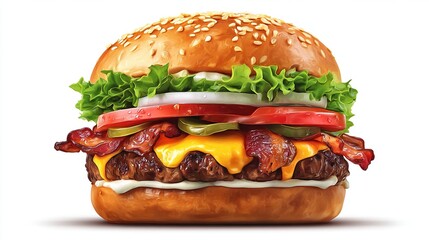 Close-up of beef burger with bacon, cheese, lettuce, and tomatoes on white surface