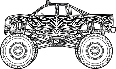 Detailed line art illustration of a monster truck with tribal design elements © Vhya