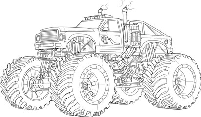 Detailed Line Art Illustration of a Powerful and Imposing Monster Truck Design