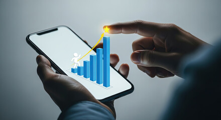 Mobile Business Growth: Hand Touching Rising Bar Graph on Smartphone Screen. Achieving Goals, Financial Success, Career Growth, and Technology Concept