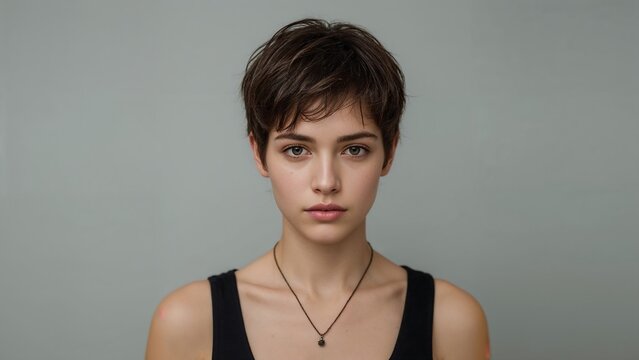 Natural beauty portrait of a young woman with short brown pixie cut hair