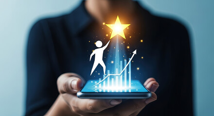 Achieving Business Success: Hand Holding Phone with Growth Chart, Person Reaching for Star. Innovation, Technology, and Financial Growth Concept.