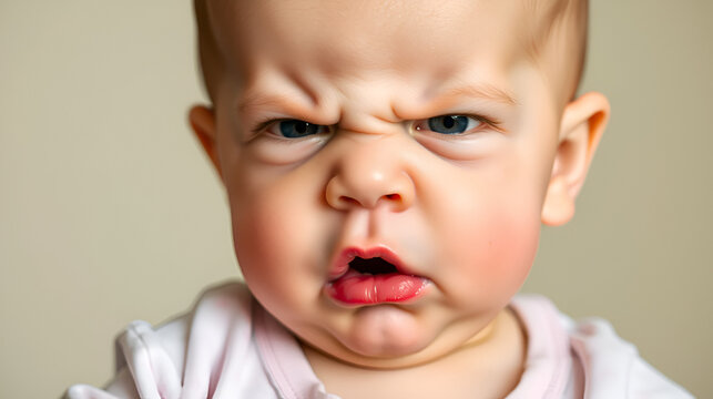 A portrait of a baby with a disgusted expression. The nose is wrinkled and the mouth is turned down. The baby is repulsed and disgusted.