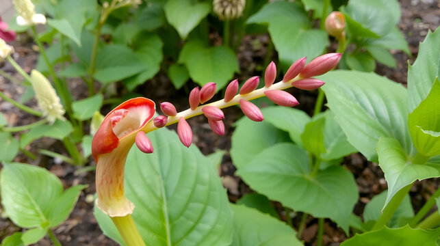 Aronsstab - arum, mit roten Beeren. Giftpflanze im Garten