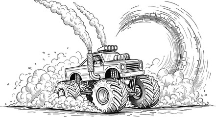 Dynamic black and white monster truck illustration leaving a trail of smoke clouds