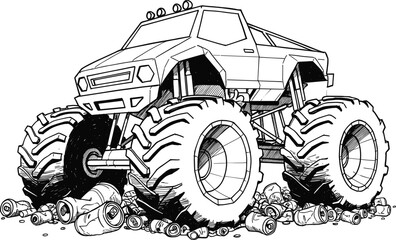 Illustration of a monster truck crushing aluminum cans depicting waste and pollution