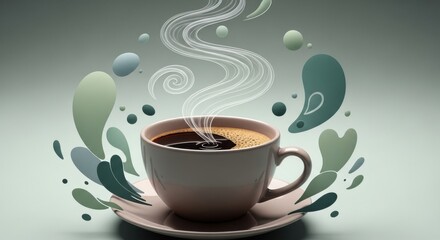 Obraz premium A steaming cup of coffee with swirling aromatic vapor rising into the air surrounded by abstract shapes