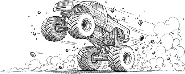 Line art drawing of a monster truck performing a jump with smoke and debris © Vhya
