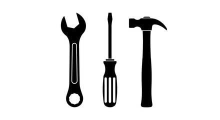 Black and White Illustration of Wrench, Screwdriver, and Hammer Tools