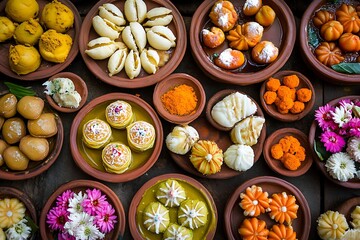 Fototapeta premium An overhead shot of various traditional sweets arranged in terracotta bowls and some flowers around them
