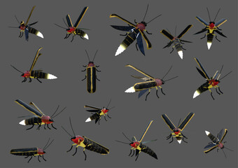 16 firefly isolated vector file objects created by 3D modeling.