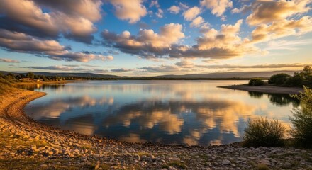 Obraz premium Peaceful Lake Reflections Under a Golden Hour Sky